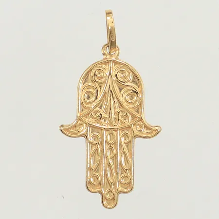 Hänge Fatimas hand, längd 32mm inklusive ögla, bredd 16mm, 18K  Vikt: 1 g