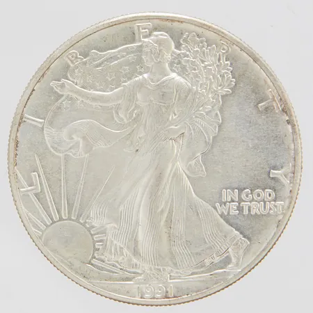 Mynt, United States of America 1991, Liberty, one dollar, Ø 40mm, slitage, 999/1000 silver Vikt: 31,2 g