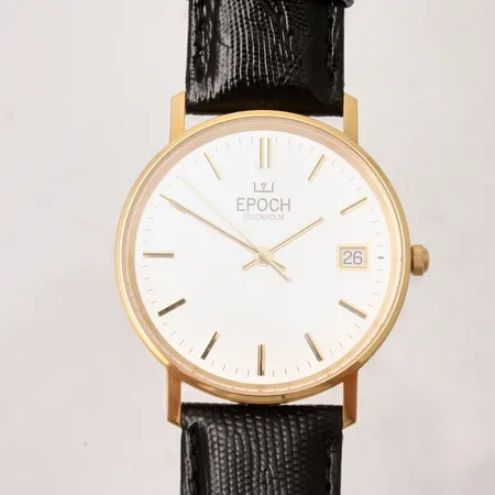 Herru Epoch Stockholm, Ø33,5mm, 18K guld, quartz, läderband, garantifolder, box, personlig gravyr på bakboetten, i behov av batteribyte.,  Vikt: 0 g