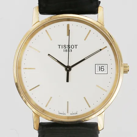 Herrur Tissot, 14K, quartz, datum, Ø36mm, läderarmband och spänne ej original, personlig gravyr, slitage, inga övriga tillbehör. Vikt: 0 g