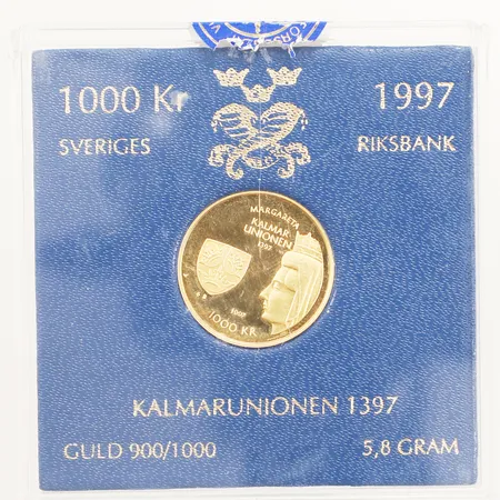 Mynt Kalmarunionen 1397 - Carl XVI Gustaf Sveriges konung, Ø21mm, 1000kr, 1997, plastetui, 21,6K  Vikt: 5,8 g