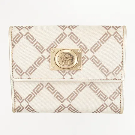 Plånbok Versace, monogram meanderbord, mått 13x10cm, grön fläck utvändigt