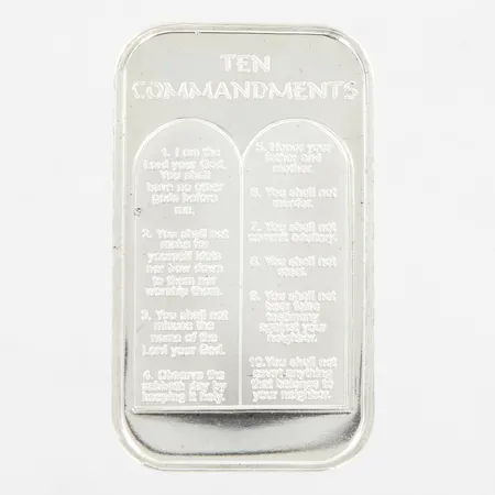 Tacka One ounce, tio budorden, 29x50mm, fine silver 999/1000 Vikt: 31,5 g