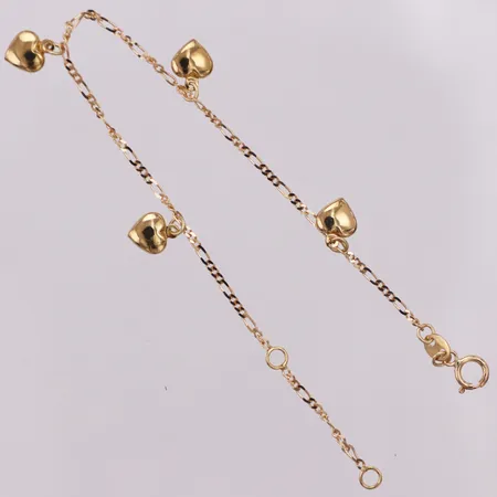 Armband, Figaro, fyra hjärtberlocker, längd 13,5/15,5cm, bredd 1,2mm, Guldfynd, 18K Vikt: 1,2 g