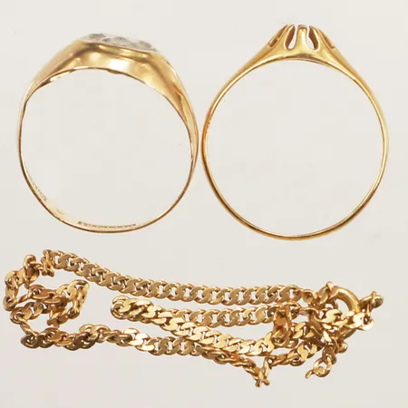 Två ringar, saknar stenar, armband, defekt 18K Vikt: 5,9 g