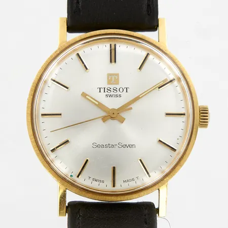 Herrur Tissot Seastar Seven, Ø33mm, quartz, graverad, läderband, originalspänne, 18K