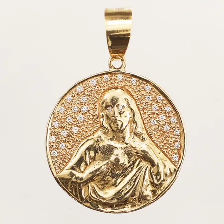 Hänge religiöst motiv, diamanter ca 30x ca 0,001ct, Ø31,4mm, 18K  Vikt: 13,1 g