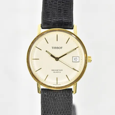 Herrur Tissot Seastar, 14K, quartz, datum, boett Ø32 mm, gravyr på boett, batteribyte behövs, slitet läderband, ej originalband.