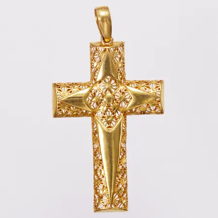 Hänge, kors, genombrutet mönster, längd 50mm inkl ögla, bredd 27,5mm, 21K Vikt: 5,1 g