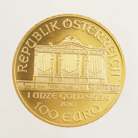 Mynt, 100 Euro, 2010 Republik Osterreich, Wiener Philharmoniker, Ø37mm, plastetui, 24K  Vikt: 31,1 g