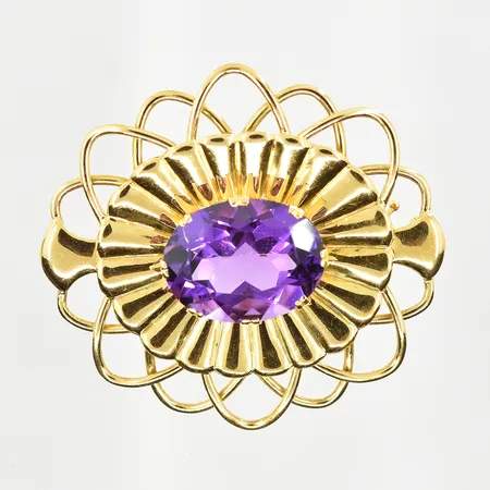 Brosch med lila sten, stl 40x40 mm, 18K. Vikt: 11,1 g