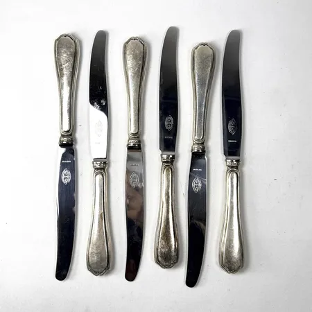 6 Matknivar 25cm, blad i stål, gipsfyllda handtag, silver 830/1000, Bruttovikt: 439g Vikt: 439 g