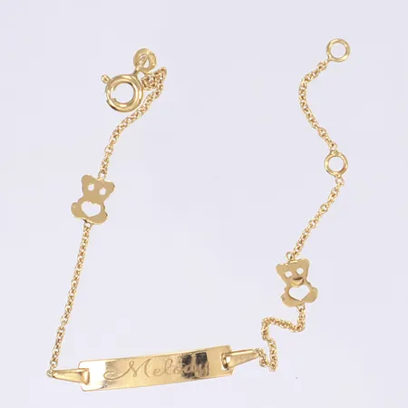 Armband med bricka, längd 14cm, bredd 1-4mm, defekt, gravyr, 18K Vikt: 1,8 g