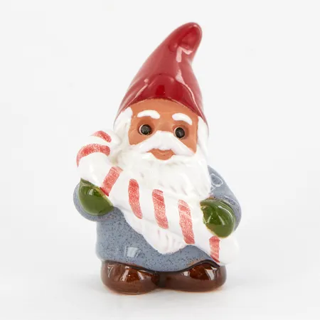 Figurin, Rolf Berg, tomte med polkastång, 8cm, Torshälla, Sweden, etikettmärkt