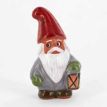 Figurin, Rolt Berg, tomte med lykta, 8.5cm, Torshälla, Sweden, etikettmärkt
