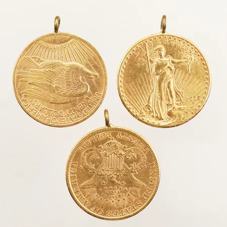 Tre hängen/mynt, United States of America, Twenty dollars, Ø34mm, öglor i metall, borrhål, 21,6K  Vikt: 101,1 g