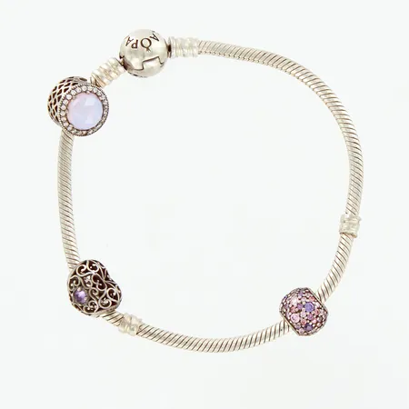 Armband Pandora med tre berlocker, 19,5cm, silver 925/1000 Vikt: 21,7 g