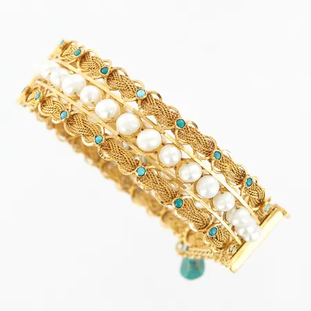 Armband stelt öppningsbart, odlade pärlor4x5mm, turkosa stenar, innermått 18cm, bredd: 9,3mm, 22K Vikt: 43,7 g