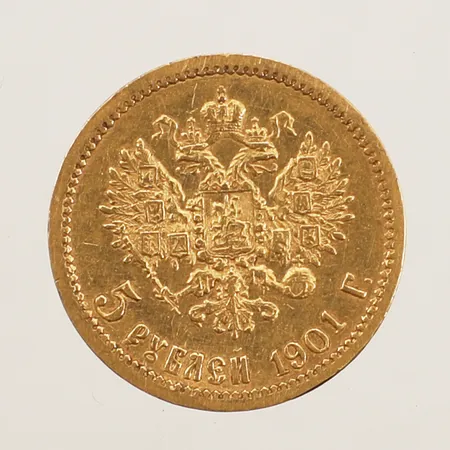 Guldmynt, Ø18,5mm, 5 Rubel, Nikolai II, präglat år 1901, 900/1000 (21,6K) Vikt: 4,3 g