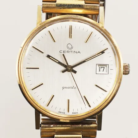 Armbandsur Certina 14K, quartz, 33,5mm, boettnr 738.3810.65, datum, repigt plexiglas, går ej, slitet stålarmband ej original, inga tillbehör.
