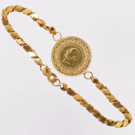 Armband, blad-länk, mynt Attaturk i 21,6K, år 2022, Øca22mm, längd 19cm, bredd 3,6mm, 22K Vikt: 8,5 g