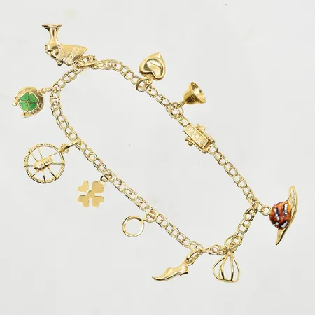 Armband Bismarck med 10 berlocker, längd 19½ cm, länkens bredd 3 mm, 18K. Vikt: 10,8 g