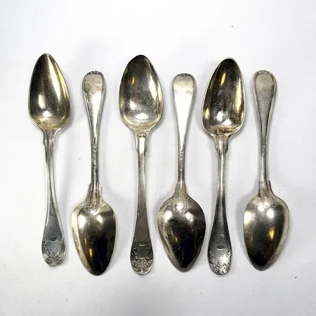 6 Skedar bl a Zethelius Stockholm, tidigt 1800-tal, 22cm, Silver 830/1000 Vikt: 410 g