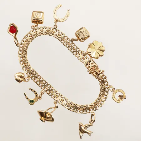 Armband X-länk med tio berlocker, längd 18,5cm, bredd 6,6mm, 18K  Vikt: 20,4 g