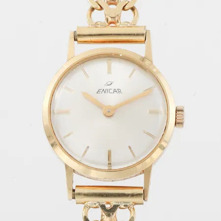 Damur Enicar,fungerar ej, diameter 18.9 mm, 18 k i ur och band,totalvikt 19.4 gram.