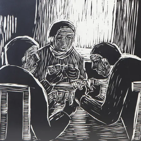 Litografi "Kortspel" signerad Einar Emland, numrerad 15/100, rammått 43,5x48cm Vikt: 0 g Skickas med paket.