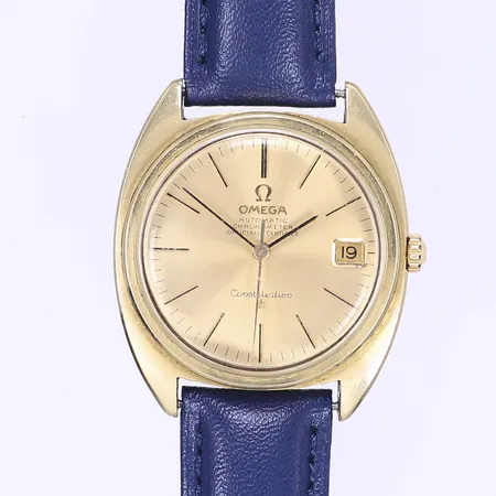 Herrur Omega Constellation C-shape, automat, guld på stål, Ø34mm, läderband, bruksslitage, inga tillbehör