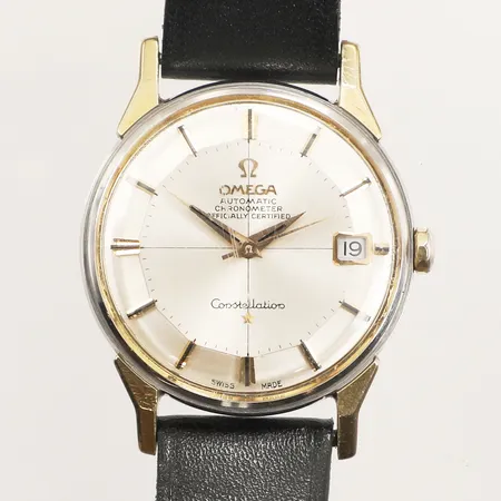 Herrur Omega Constellation " Pie-Pan ", Ø34mm, guld på stål, automatisk, datum, boettnr: 168.005, Cal. 564, snr: 26738484, gravyr, plexiglas, repor glasring saknas, skadad krona, inga tillbehör