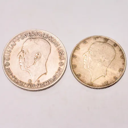 2st mynt i silver, 2krona, 1938, 5krona, 1935, vikt 39,97g.
