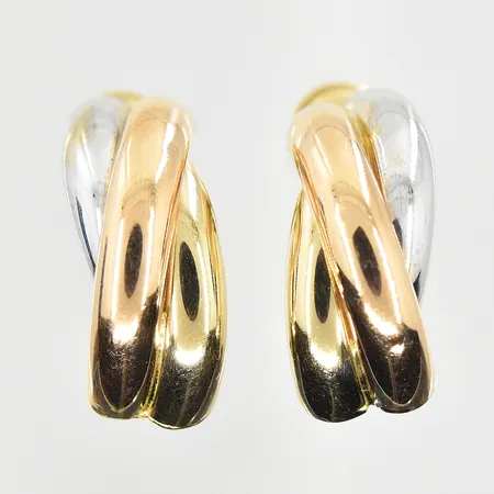 Ett par örhängen, längd 16 mm, bredd 8 mm, rödguld/gulguld/vitguld, 14K.  Vikt: 3,8 g