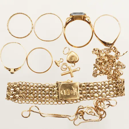 Diverse guld, stenar, gravyr, skadat, defekt, 18K  Vikt: 35 g