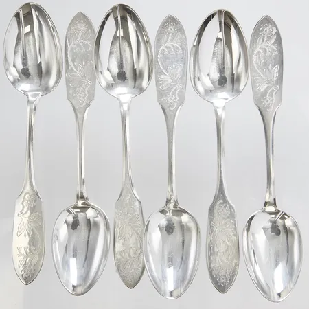 Sex matskedar, längd ca 17,5cm, Mema, besticklinda, 830/1000 silver Vikt: 231,6 g