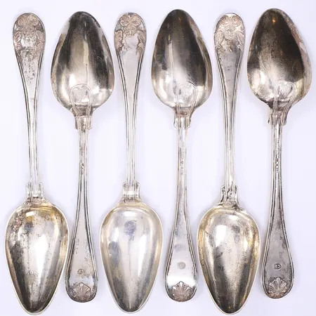 6 Matskedar 22cm, 1800-tal, silver 830/1000 Vikt: 319 g