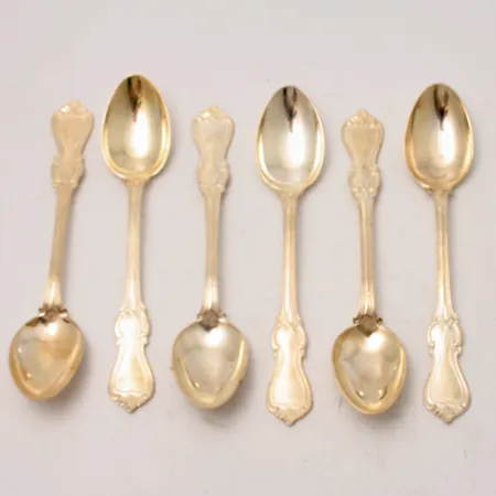 6st skedar, 11,5cm, modell Olga, tillverkare GAB, 830/1000, vikt 76,55g.