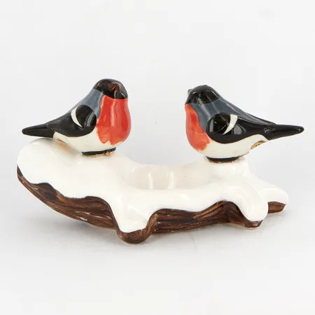 Figurin, Rolf Berg, domherrar på gren, 10x19cm, Torshälla, Sweden, etikettmärkt, defekt, limmad,