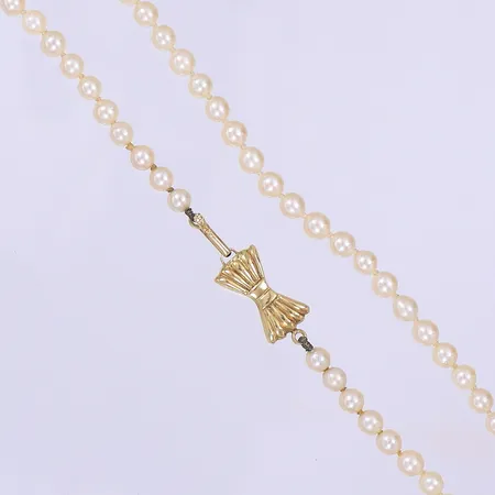 Halscollier med odlade sötvattenpärlor, 39cm, bredd 5-10mm, smärre slitage, lås i 18K, Bruttovikt: 11,2g Vikt: 11,2 g