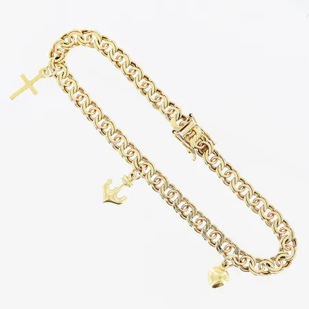 Armband Bismarck 18,8cm, bredd 5mm, 3 berlocker, 18K. Vikt: 11,6 g