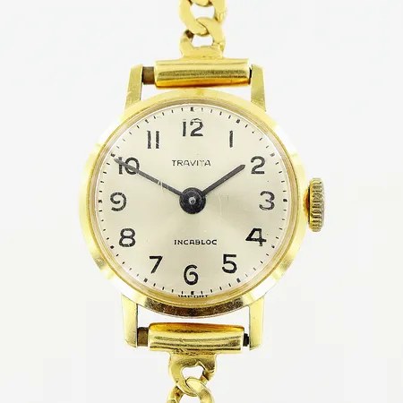 Damur, Travita, 18K, manuell, Ø18mm, länk pansar 16,5cm, bredd 4mm, slitage på länk, extra öglor för säkerhetskedja, bruttovikt: 12,1gram, inga tillbehör. 