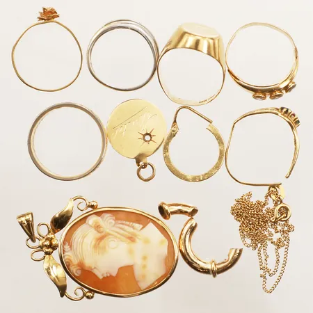 Diverse guld, Camé, stenar, gravyr, skadat, defekt, 18K Bruttovikt 29g 