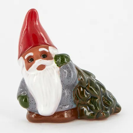 Figurin, Rolf Berg, tomte med grön gran, 8cm, Torshälla, Sweden, etikettmärkt