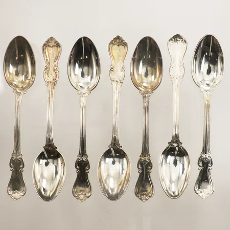 Sju kaffeskedar, modell Olga, längd 12cm, GAB, 1980-tal, 830/1000 silver Vikt: 108,1 g