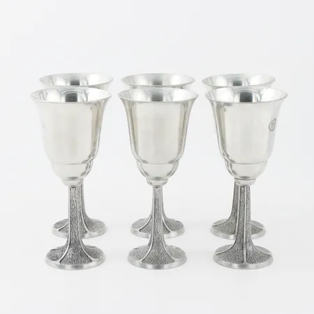 PETER DÅVIK. Vinglas, 6 st, tenn, "Drabant", Alton, 1983,höjd ca 15.5 cm.