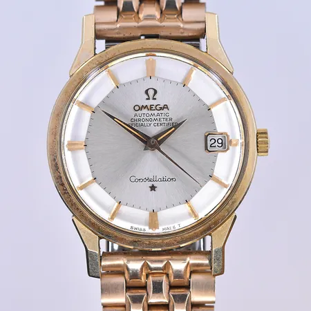 Herrur, Omega Constellation s.k. Pie Pan, automatisk, datum, Ø34mm, fungerar vid testtillfället, guld på stål, box medföljer, fint skick, ej originalband.