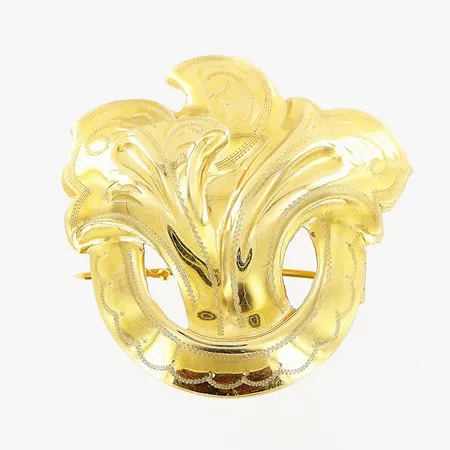 Brosch, 35x35mm, bucklor, skev nål, 18K.  Vikt: 5,2 g