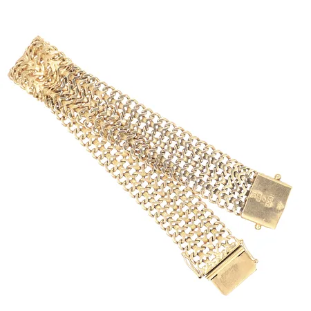 Armband, Fiskben, 19,5cm, bredd 15mm, svenska stämplar, bruksslitage, 18K Vikt: 29,6 g