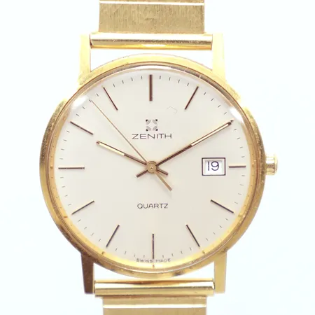 Herrur Zenith, Ø33½mm,  quarz, behov av batteribyte,  armband något ojämn, helguld 18k, brutto Vikt: 61,8 g